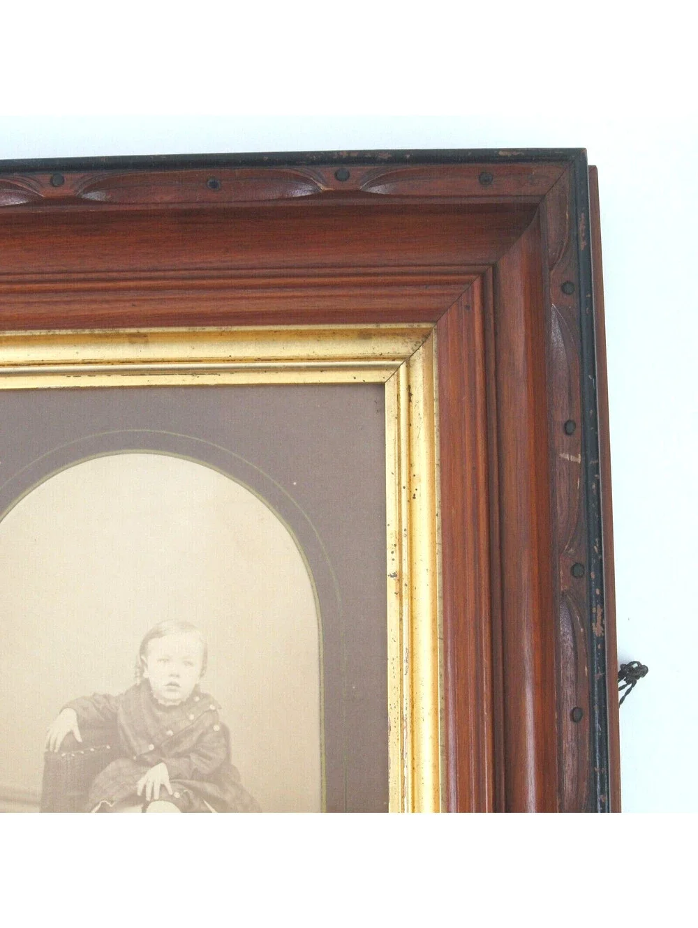 Antique Victorian Deep Picture Frame Carved Wood Gold Gilt Child Photo Glass 16